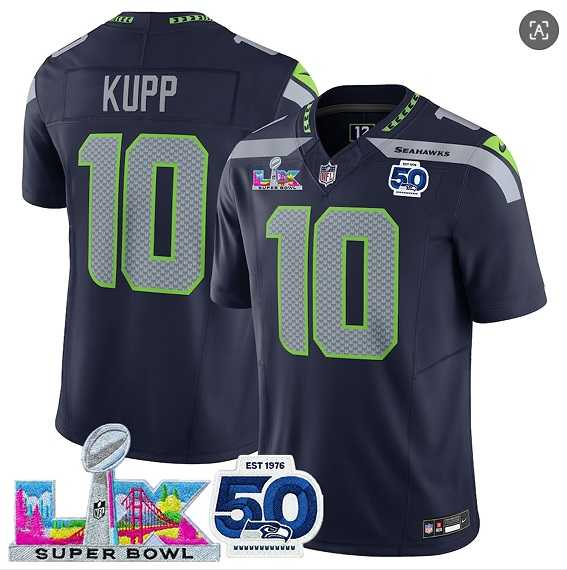 Men%27s Seattle Seahawks #10 Cooper Kupp Navy 2025 F.U.S.E. Super Bowl LX Patch And 50th Season Patch Vapor Limited Stitched Jersey