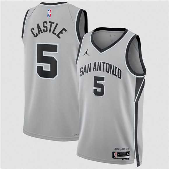Men%27s San Antonio Spurs #5 Stephon Castle Silver 2025 Statement Edition Stitched Jersey Dzhi
