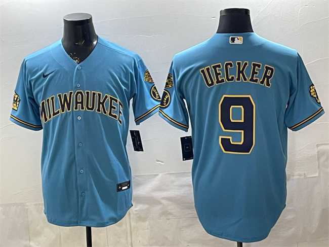 Men%27s Milwaukee Brewers #9 Bob Uecker Blue With Home & Bob Uecker Patch Stitched Jersey