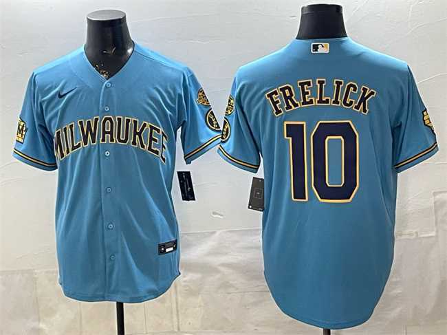 Men%27s Milwaukee Brewers #10 Sal Frelick Blue With Home & Bob Uecker Patch Stitched Jersey