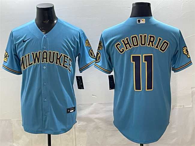Men%27s Milwaukee Brewers #11 Jackson Chourio Blue With Home & Bob Uecker Patch Stitched Jersey