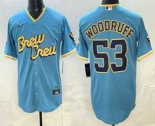Men%27s Milwaukee Brewers #53 Brandon Woodruff Powder Blue 2022 City Connect Cool Base Jersey