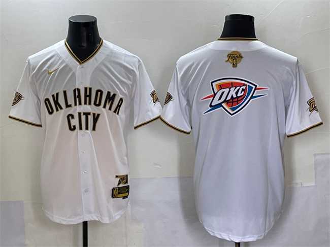Men%27s Oklahoma City Thunder Team Big Logo White Gold 2025 Finals Vapor Stitched Baseball Jersey