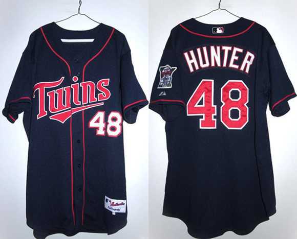 Men%27s Minnesota Twins #48 Torii Hunter Navy Double Knit Stitched Jersey