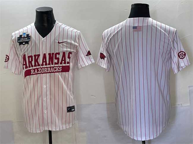 Men%27s Arkansas Razorbacks Blank White Pinstripe 2025 World Series & SEC Patch Stitched Jersey