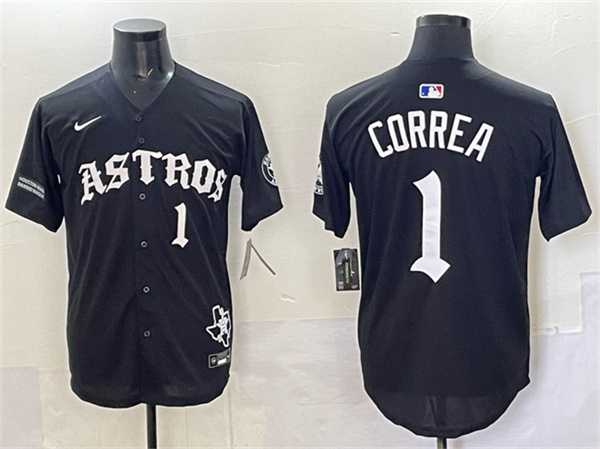 Men%27s Houston Astros #1 Carlos Correa Black Gothic %27Houston Born Barrio Raised%27 Limited Stitched Jersey