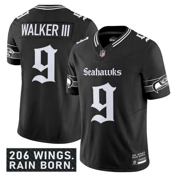 Men & Women & Youth Seattle Seahawks #9 Kenneth Walker III Black 2025 F.U.S.E. %27Gothic Rain City Shadows Edition%27 Vapor Limited Stitched Jersey