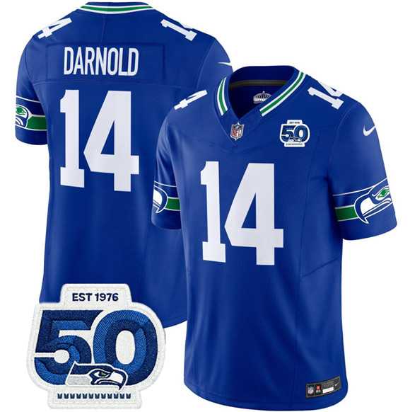 Men & Women & Youth Seattle Seahawks #14 Sam Darnold Royal 2025 F.U.S.E 50th Anniversary Patch Throwback Vapor Limited Stitched Jersey