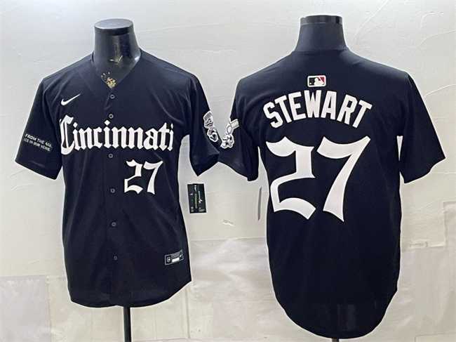 Men%27s Cincinnati Reds #27 Sal Stewart Black %27Gothic Queen City Edition%27 Vapor Premier Limited Stitched Jersey