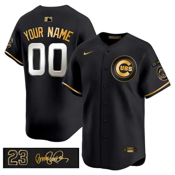 Men%27s Chicago Cubs Active Player Custom Black Gold Ryne Sandberg Tribute Vapor Limited V3 Stitched Baseball Jersey