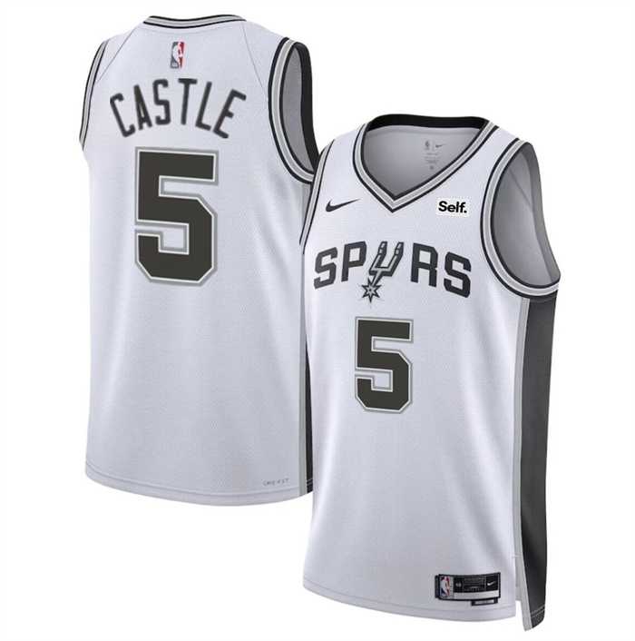 Men%27s San Antonio Spurs #5 Stephon Castle White Stitched Jersey Dzhi