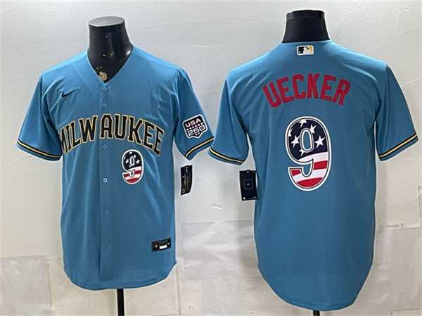 Men%27s Milwaukee Brewers #9 Bob Uecker Blue 2026 USA 250 Fourth of July Home Stadium Stitched Jersey Dzhi