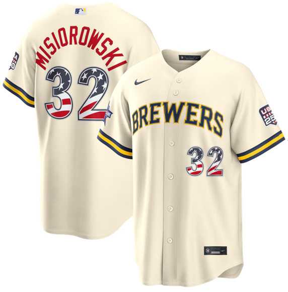 Men%27s Milwaukee Brewers #32 Jacob Misiorowski Cream 2026 All-Star Edition Stars & Stripes USA 250 Patch Stitched Jersey Dzhi