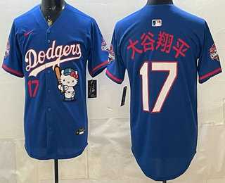Men%27s Los Angeles Dodgers #17 Shohei Ohtani Blue Japanese Hello Kitty 2025 World Series Champions Limited Jersey