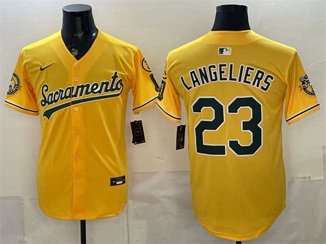 Men%27s Oakland Athletics #23 Shea Langeliers 2026 Yellow Alternate Sacramento Celebrating 125 Years Vapor Limited Stitched Jersey