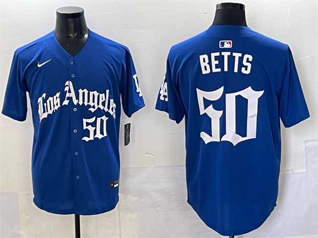 Men%27s Los Angeles Dodgers #50 Mookie Betts Blue 2025 LA Gothic Style With Fernando Patch Vapor Premier Limited Stitched Jersey