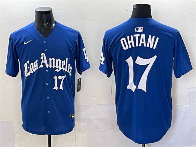 Men%27s Los Angeles Dodgers #17 Shohei Ohtani Blue 2025 LA Gothic Style With Fernando Patch Vapor Premier Limited Stitched Jersey