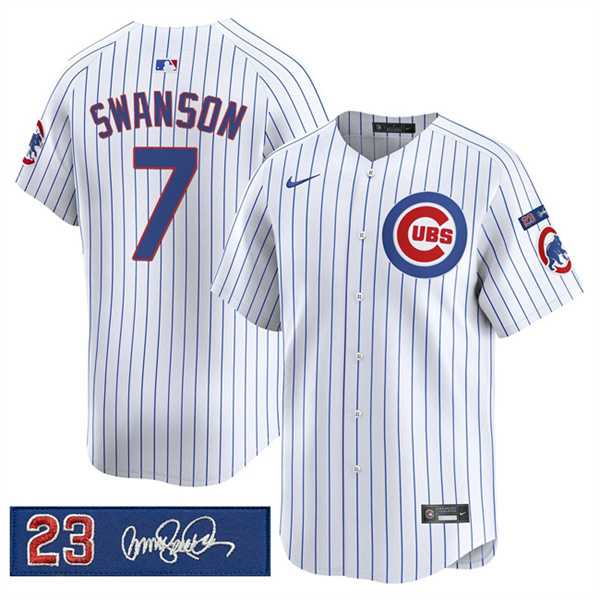 Men%27s Chicago Cubs #7 Dansby Swanson White Pinstripe %27Ryne Sandberg Tribute%27 Vapor Limited V3 Stitched Jersey Dzhi