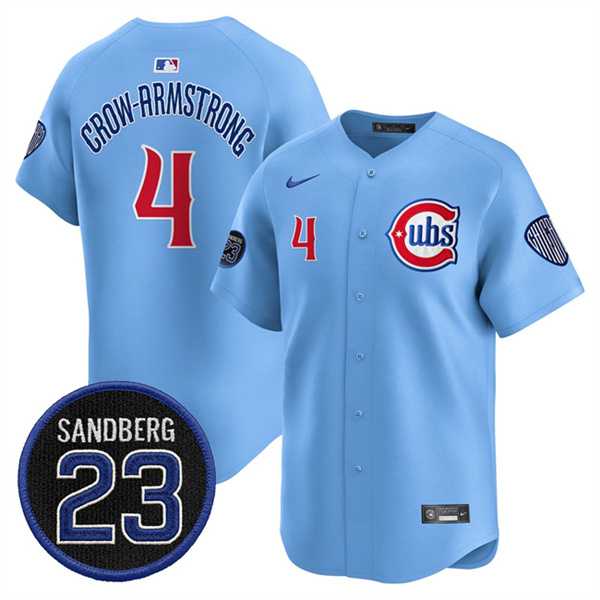 Men%27s Chicago Cubs #4 Pete Crow-Armstrong Blue %27Ryne Sandberg Tribute%27 Vapor Limited V2 Stitched Jersey Dzhi