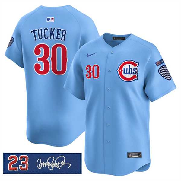Men%27s Chicago Cubs #30 Kyle Tucker Blue %27Ryne Sandberg Tribute%27 Vapor Limited V3 Stitched Jersey Dzhi