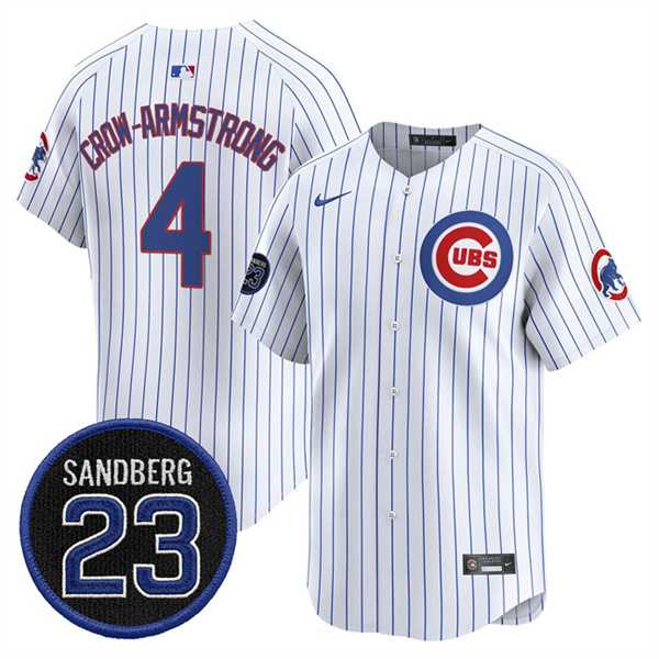 Men%27s Chicago Cubs #4 Pete Crow-Armstrong White Pinstripe %27Ryne Sandberg Tribute%27 Vapor Limited V2 Stitched Jersey Dzhi