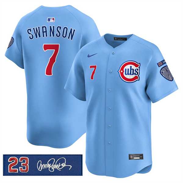 Men%27s Chicago Cubs #7 Dansby Swanson Blue %27Ryne Sandberg Tribute%27 Vapor Limited V3 Stitched Jersey Dzhi