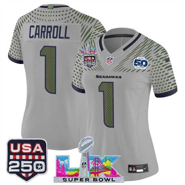 Women%27s Seattle Seahawks #1 Pete Carroll Gray 2025 F.U.S.E. Super Bowl LX & US 250th anniversary Patch And 50th Season Patch Rivalries Vapor Limited Stitched Jersey