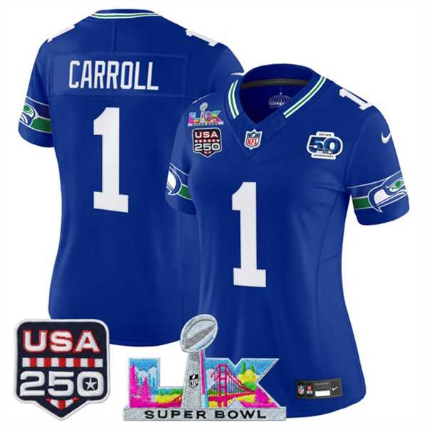 Women%27s Seattle Seahawks #1 Pete Carroll Royal 2025 F.U.S.E. Super Bowl LX Patch And 50th Season & USA 250%27 Patch Vapor Throwback Limited Stitched Jersey
