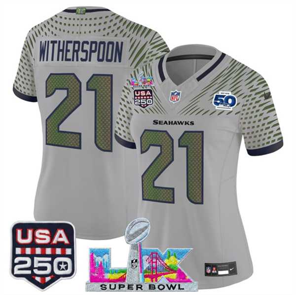 Women%27s Seattle Seahawks #21 Devon Witherspoon Gray 2025 F.U.S.E. Super Bowl LX & US 250th anniversary Patch And 50th Season Patch Rivalries Vapor Limited Stitched Jersey