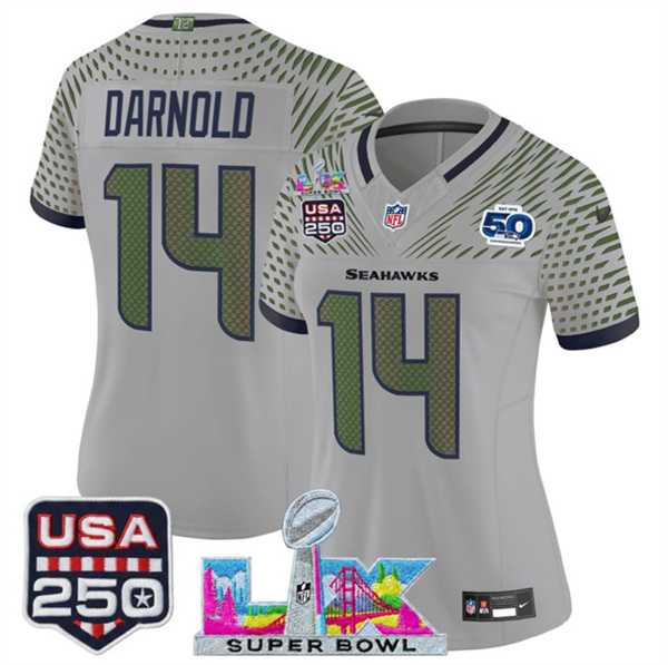 Women%27s Seattle Seahawks #14 Sam Darnold Gray 2025 F.U.S.E. Super Bowl LX & US 250th anniversary Patch And 50th Season Patch Rivalries Vapor Limited Stitched Jersey