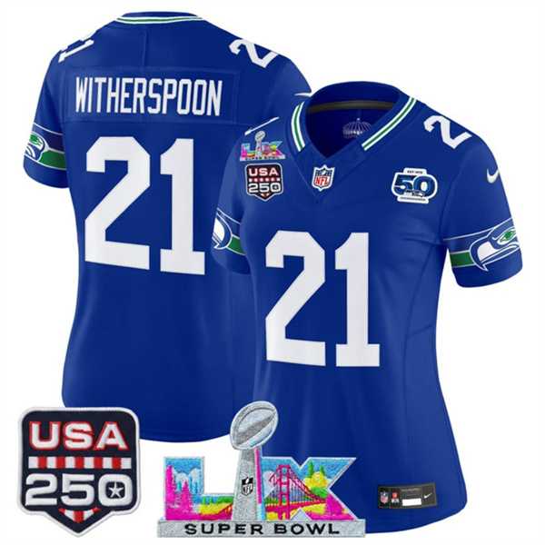 Women%27s Seattle Seahawks #21 Devon Witherspoon Royal 2025 F.U.S.E. Super Bowl LX Patch And 50th Season & USA 250%27 Patch Vapor Throwback Limited Stitched Jersey