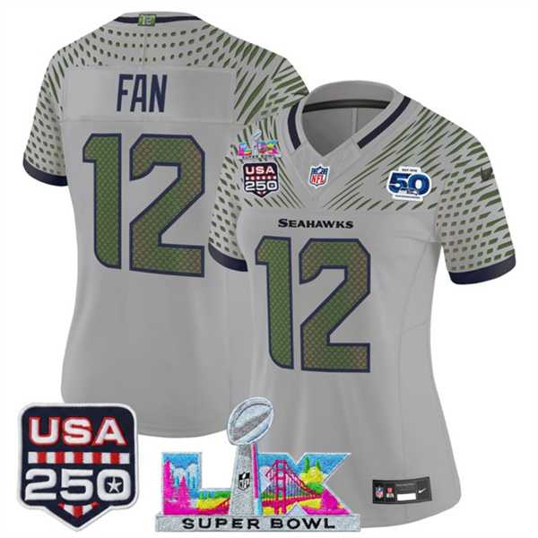 Women%27s Seattle Seahawks #12 Fan Gray 2025 F.U.S.E. Super Bowl LX & US 250th anniversary Patch And 50th Season Patch Rivalries Vapor Limited Stitched Jersey