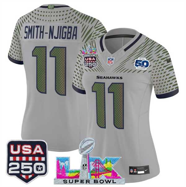 Women%27s Seattle Seahawks #11 Jaxon Smith-Njigba Gray 2025 F.U.S.E. Super Bowl LX & US 250th anniversary Patch And 50th Season Patch Rivalries Vapor Limited Stitched Jersey