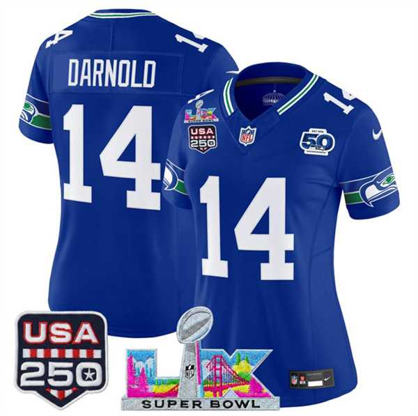Women%27s Seattle Seahawks #14 Sam Darnold Royal 2025 F.U.S.E. Super Bowl LX Patch And 50th Season & USA 250%27 Patch Vapor Throwback Limited Stitched Jersey