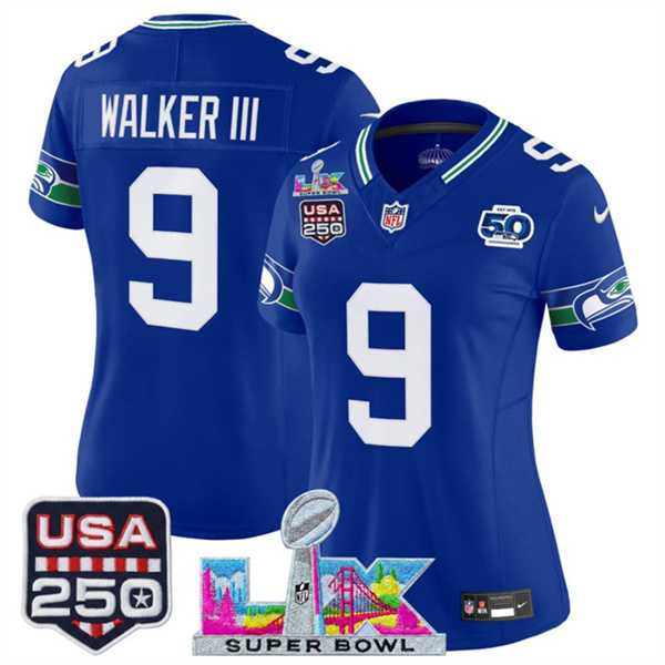 Women%27s Seattle Seahawks #9 Kenneth Walker III Royal 2025 F.U.S.E. Super Bowl LX Patch And 50th Season & USA 250%27 Patch Vapor Throwback Limited Stitched Jersey