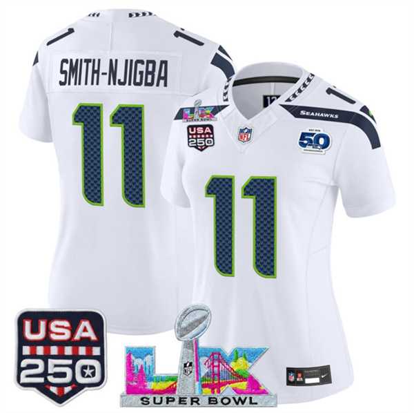 Women%27s Seattle Seahawks #11 Jaxon Smith-Njigba White 2025 F.U.S.E. Super Bowl LX Patch And 50th Season & USA 250%27 Patch Vapor Limited Stitched Jersey