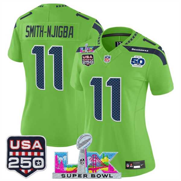 Women%27s Seattle Seahawks #11 Jaxon Smith-Njigba Green 2025 F.U.S.E. Super Bowl LX Patch And 50th Season & USA 250%27 Patch Vapor Limited Stitched Jersey