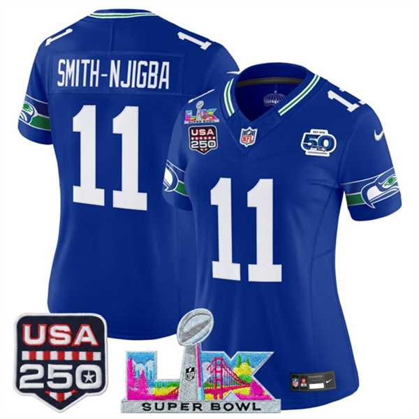 Women%27s Seattle Seahawks #11 Jaxon Smith-Njigba Royal 2025 F.U.S.E. Super Bowl LX Patch And 50th Season & USA 250%27 Patch Vapor Throwback Limited Stitched Jersey