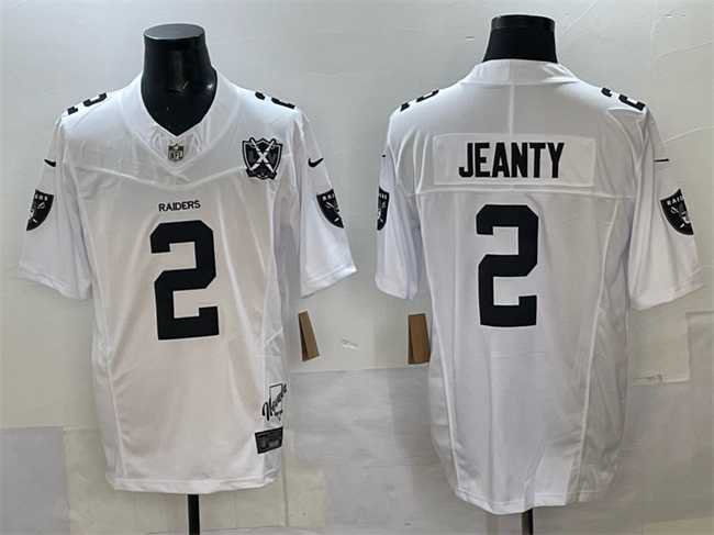 Men%27s Las Vegas Raiders #2 Ashton Jeanty White 2025 Draft F.U.S.E. With Nevada Silver Stat Patch And 65th Anniversary Patch Stitched Jersey