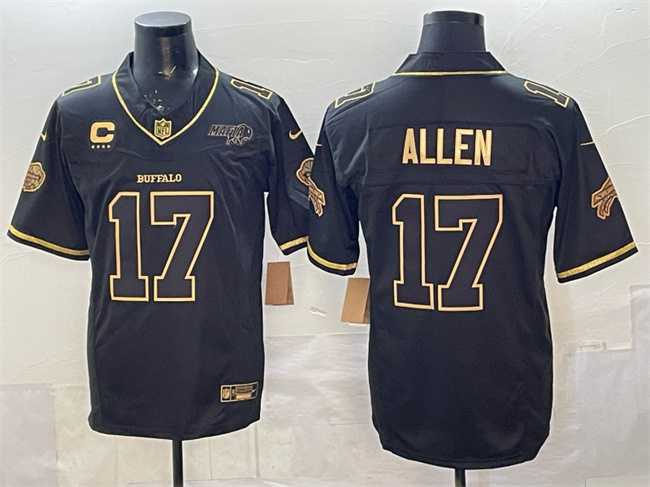 Men%27s Buffalo Bills #17 Josh Allen Black Gold 2025 F.U.S.E. %27Rivalries%27 With Bills Mafia Patch & 4-Star C Patch Vapor Limited Stitched Jersey