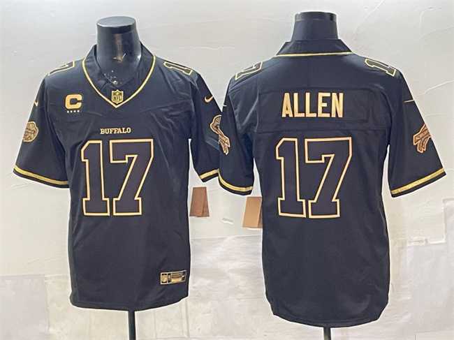 Men%27s Buffalo Bills #17 Josh Allen Black Gold 2025 F.U.S.E. %27Rivalries%27 With 4-Star C Patch Vapor Limited Stitched Jersey
