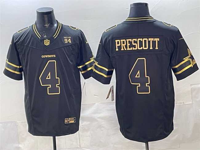 Men%27s Dallas Cowboys #4 Dak Prescott Black Gold 2025 F.U.S.E. 94 Marshawn Kneeland Memorial Patch Vapor Limited Stitched Jersey