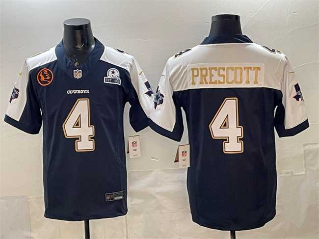 Men%27s Dallas Cowboys #4 Dak Prescott Navy F.U.S.E. With John Madden Patch & Established In 1960 Patch Thanksgiving Vapor Limited Stitched Jersey