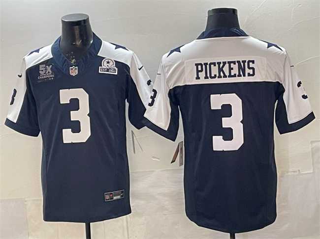 Men%27s Dallas Cowboys #3 George pickens Navy F.U.S.E. With 5x Super Bowl Champions & Established In 1960 Patch Thanksgiving Vapor Limited Stitched Jersey
