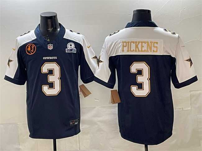 Men%27s Dallas Cowboys #3 George pickens Navy F.U.S.E. With John Madden Patch & Established In 1960 Patch Thanksgiving Vapor Limited Stitched Jersey