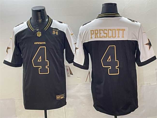 Men%27s Dallas Cowboys #4 Dak Prescott Black Gold 2025 F.U.S.E. 94 Marshawn Kneeland Memorial Patch Vapor Limited Stitched Jersey1