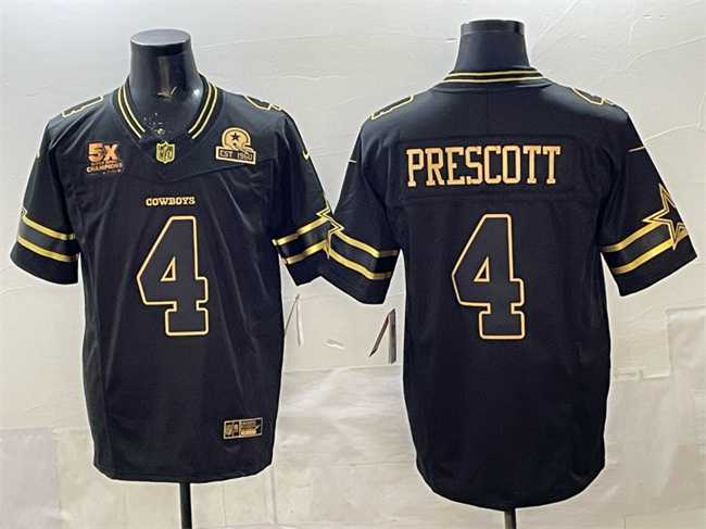 Men%27s Dallas Cowboys #4 Dak Prescott Black Gold 2025 F.U.S.E. With 5x Super Bowl Champions & Established In 1960 Patch Vapor Limited Stitched Jersey