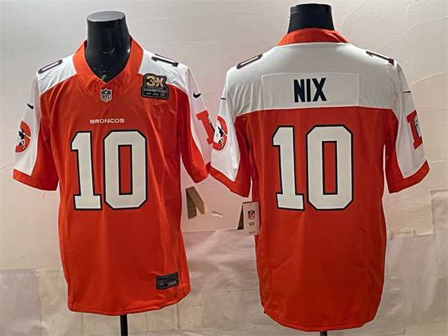Men%27s Denver Broncos #10 Bo Nix Orange 2024 F.U.S.E. With 3-Time Champions Patch Throwback Vapor Limited Alternate Stitched Jersey
