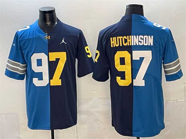 Men%27s Detroit Lions X Wolverines #97 Aidan Hutchinson Blue Navy Split Vapor Limited Stitched Jersey