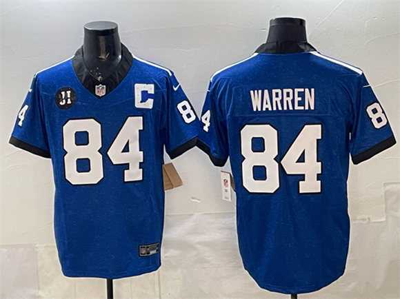 Men%27s Indianapolis Colts #84 Tyler Warren Blue 2025 F.U.S.E. Jim Irsay Patch Throwback Vapor Limited Stitched Jersey